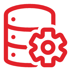 Ícono lineal rojo de una torre de base de datos con un engrane