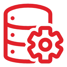 Ícono lineal rojo de una torre de base de datos con un engrane