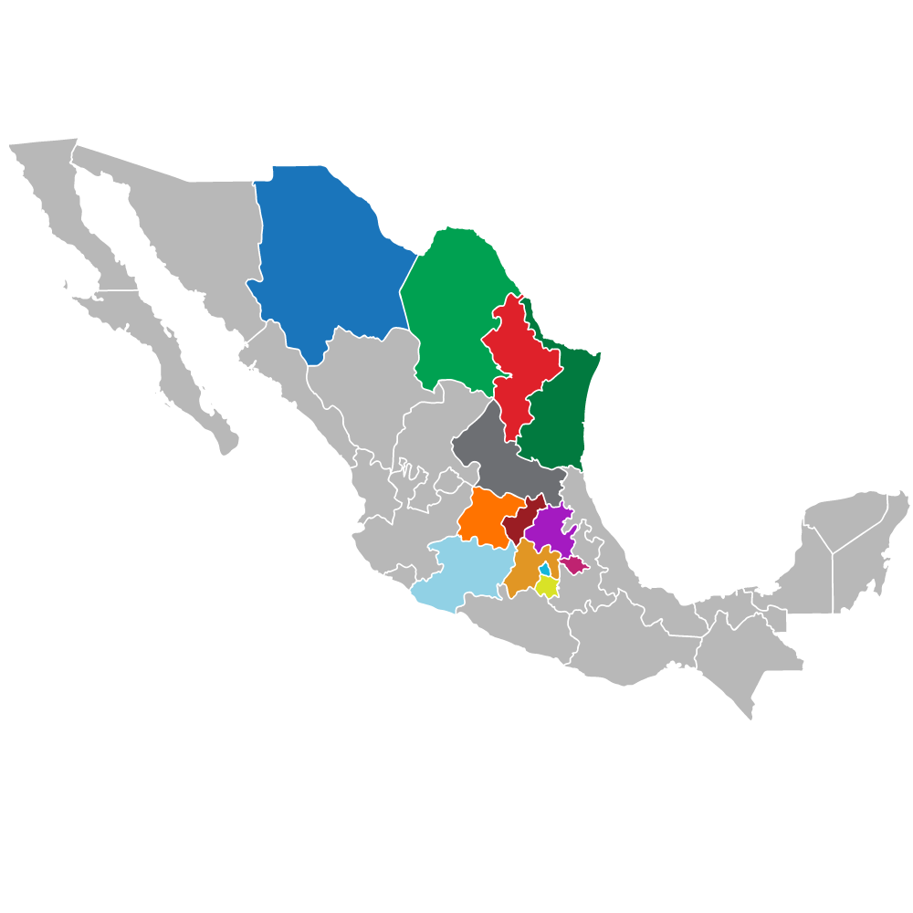Mapa geográfico de México, en donde se resalta con color azul estado de Chihuahua, color verde Coahuila, color rojo Nuevo León, color gris San Luis Potosí, color amarillo Estado de México, color fucsia Querétaro, color verde fuerte Tlaxcala y color celeste CDMX.