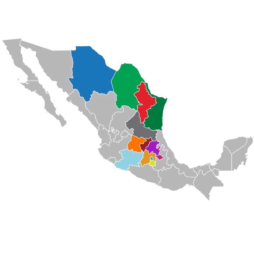 Mapa geográfico de México, en donde se resalta con color azul estado de Chihuahua, color verde Coahuila, color rojo Nuevo León, color gris San Luis Potosí, color amarillo Estado de México, color fucsia Querétaro, color verde fuerte Tlaxcala y color celeste CDMX.